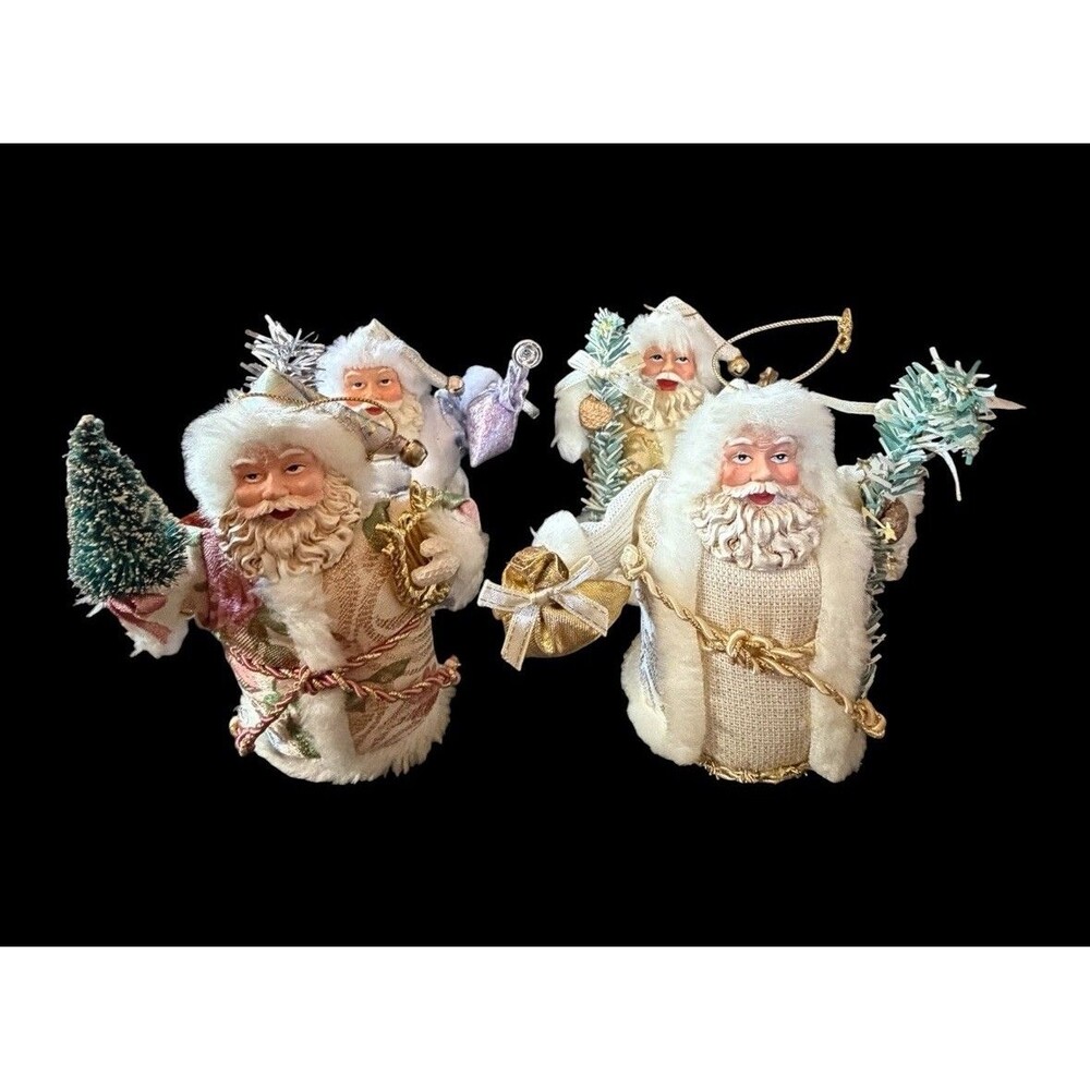 4 Vintage Versions Victorian Style Santa Claus Ornaments White Gold Fur Trim 6"